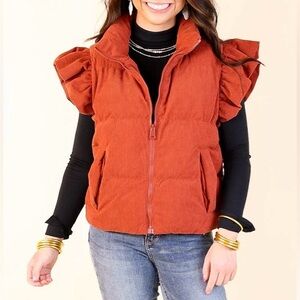 WINTER WANDERLUST CORDUROY PUFFER VEST WITH RUFFLE SLEEVES IN RUST RED